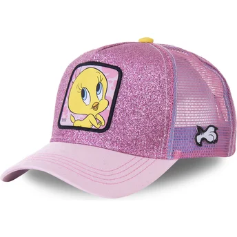 mutzen-gebogen-rosa-snapback-tweety-looney-tunes-von-capslab
