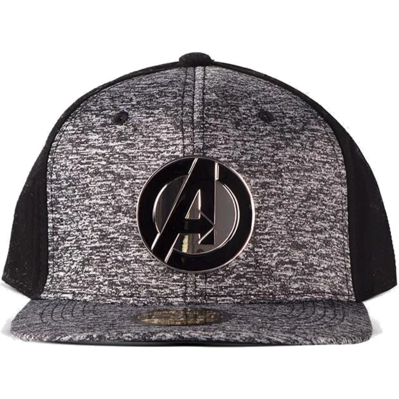 graue-und-schwarze-flache-snapback-kappe-metal-avengers-logo-marvel-comics-von-difuzed