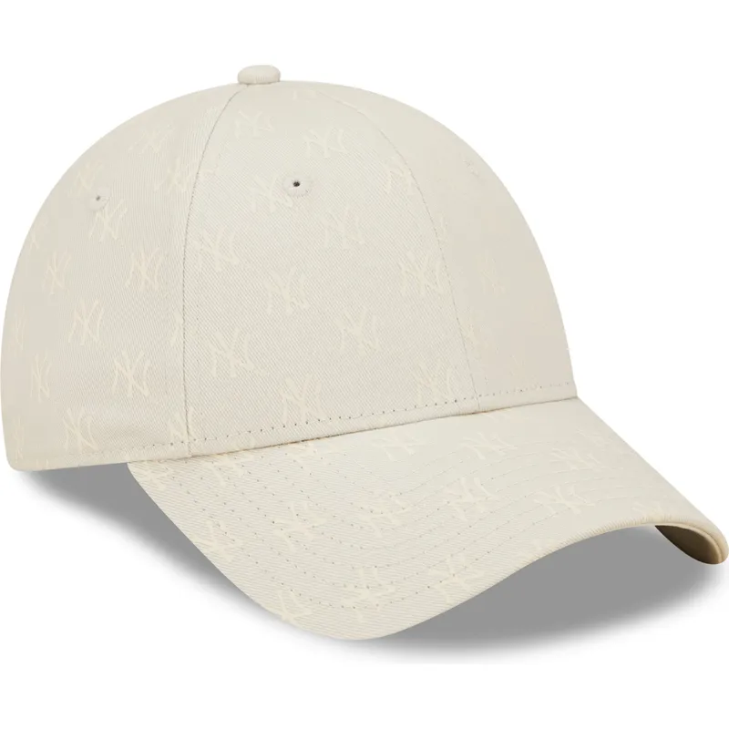beige-gebogene-verstellbare-damenkappe-9forty-monogram-der-new-york-yankees-mlb-von-new-era