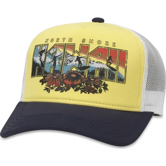 Cappellino trucker giallo, bianco e nero snapback Hawaii...