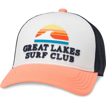 Cappellino trucker bianco, blu navy e arancione snapback Great Lakes Surf Club Riptide Valin di American Needle
