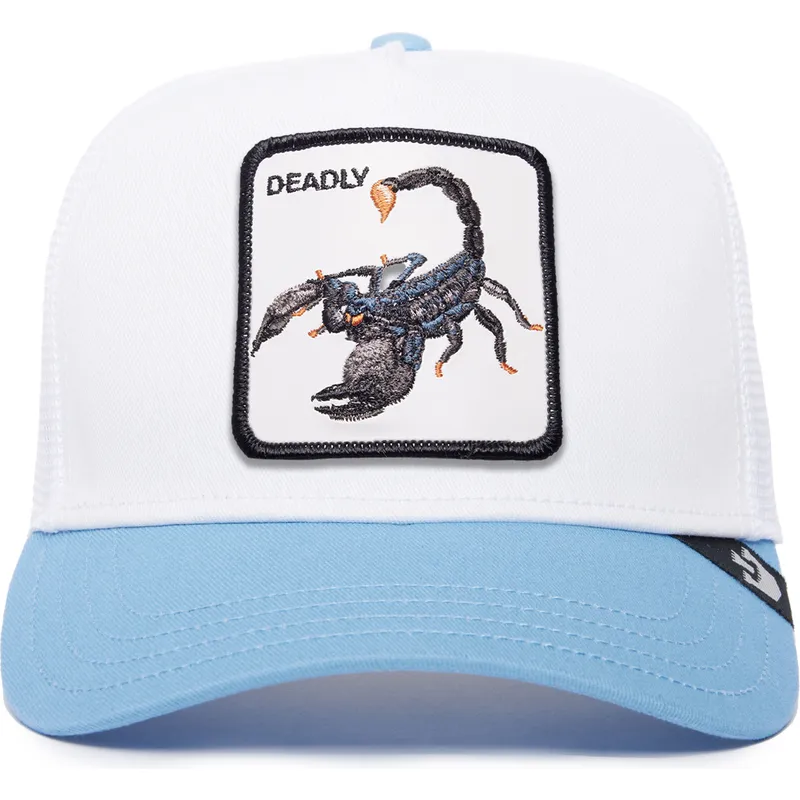 gorra-trucker-blanca-y-azul-escorpion-deadly-the-farm-premium-de-goorin-bros