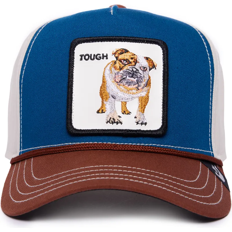 goorin-bros-tough-bully-100-the-farm-all-over-canvas-snapback-kappe-mit-gebogenem-schirm-in-blau-weiss-und-braun-bulldogge-motiv