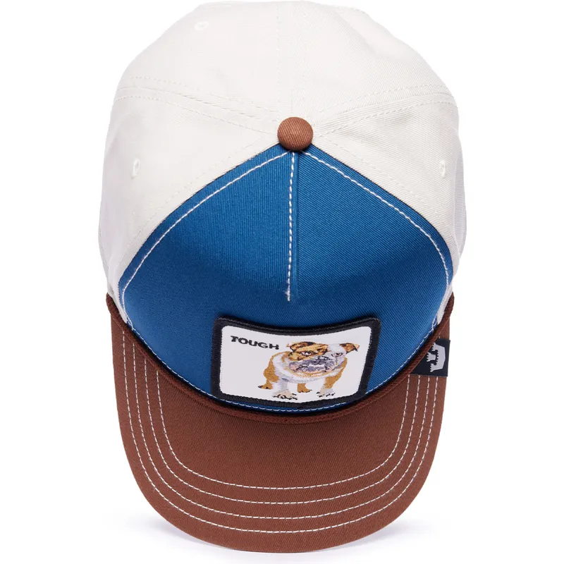 goorin-bros-tough-bully-100-the-farm-all-over-canvas-snapback-kappe-mit-gebogenem-schirm-in-blau-weiss-und-braun-bulldogge-motiv