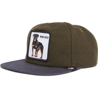 Gorra plana verde y azul snapback perro rottweiler Bad Boy Top Dog The Farm Flats de Goorin Bros.