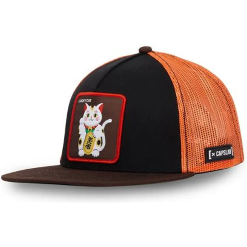 czarna-i-pomaranczowa-plaska-czapka-trucker-maneki-neko-lucky-cat-luc-od-capslab