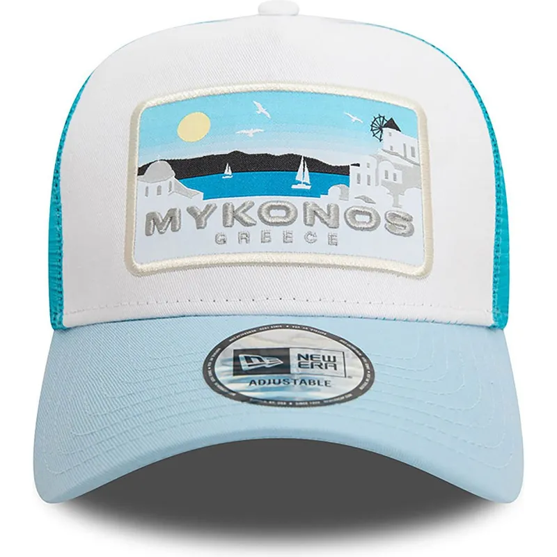 weisse-und-blaue-a-frame-summer-trucker-kappe-mykonos-stadte-und-strande-von-new-era