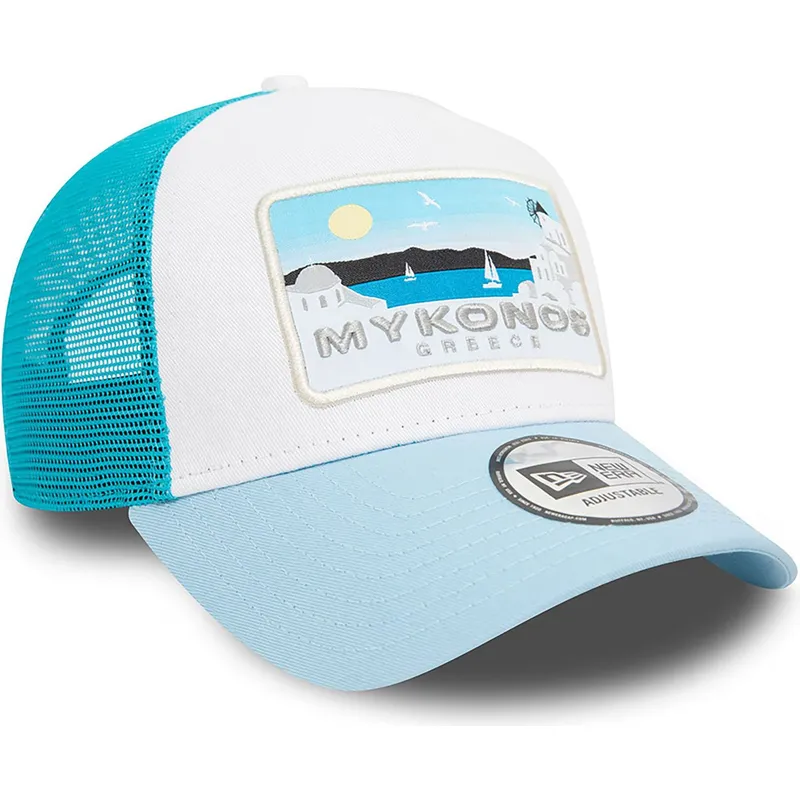 weisse-und-blaue-a-frame-summer-trucker-kappe-mykonos-stadte-und-strande-von-new-era