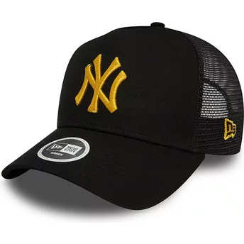 New Era Women Yellow Logo A Frame Metallic New York Yankees MLB Black Trucker Hat