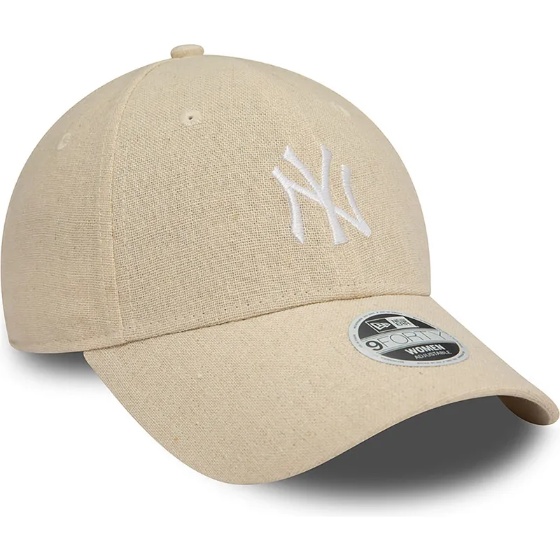 beige-gebogene-verstellbare-damenkappe-9forty-linen-der-new-york-yankees-mlb-von-new-era