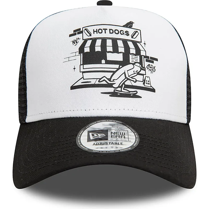 new-era-hot-dog-new-york-a-frame-graphic-schwarz-weisse-trucker-kappe