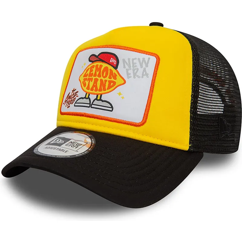 new-era-gelbes-und-schwarzes-trucker-cap-lemon-stand-life-gave-me-lemons-a-frame-patch