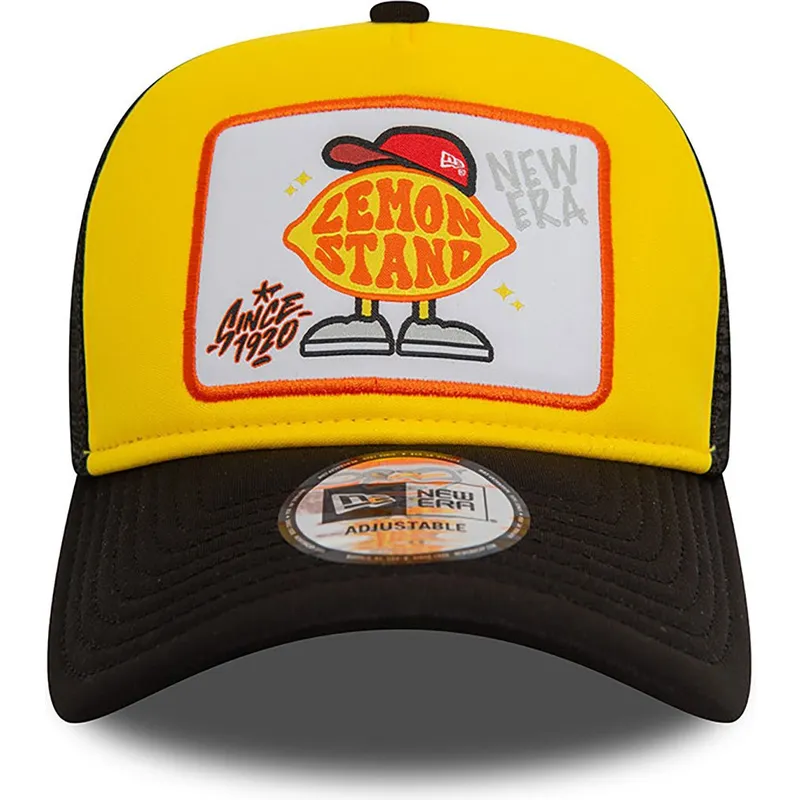 new-era-gelbes-und-schwarzes-trucker-cap-lemon-stand-life-gave-me-lemons-a-frame-patch