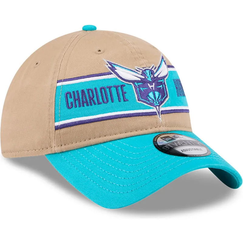 braune-und-blaue-verstellbare-curved-cap-9twenty-draft-2024-der-charlotte-hornets-nba-von-new-era