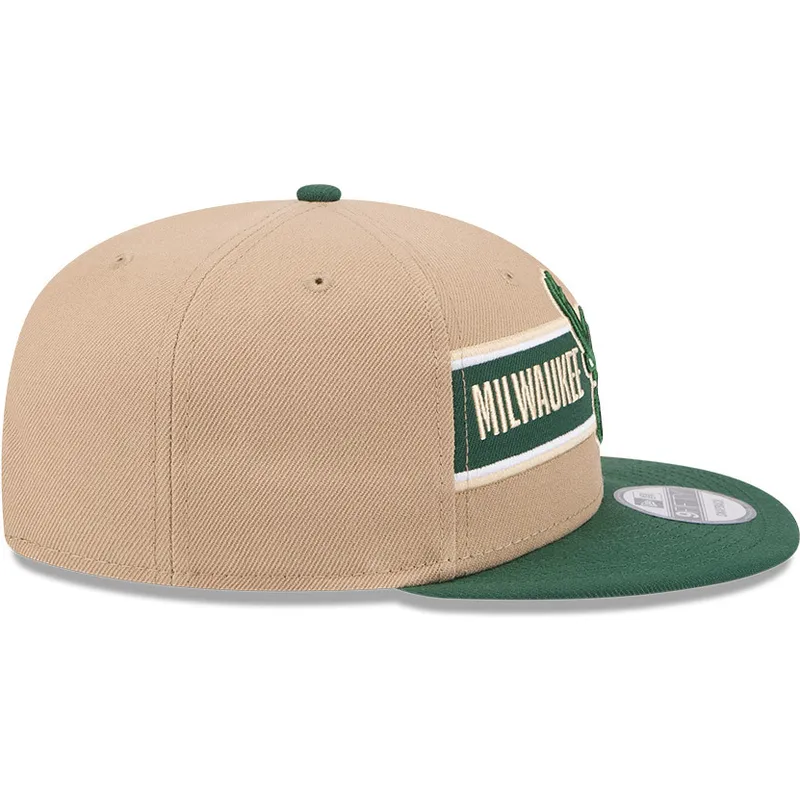 braune-und-grune-flache-snapback-kappe-9fifty-draft-2024-von-milwaukee-bucks-nba-von-new-era