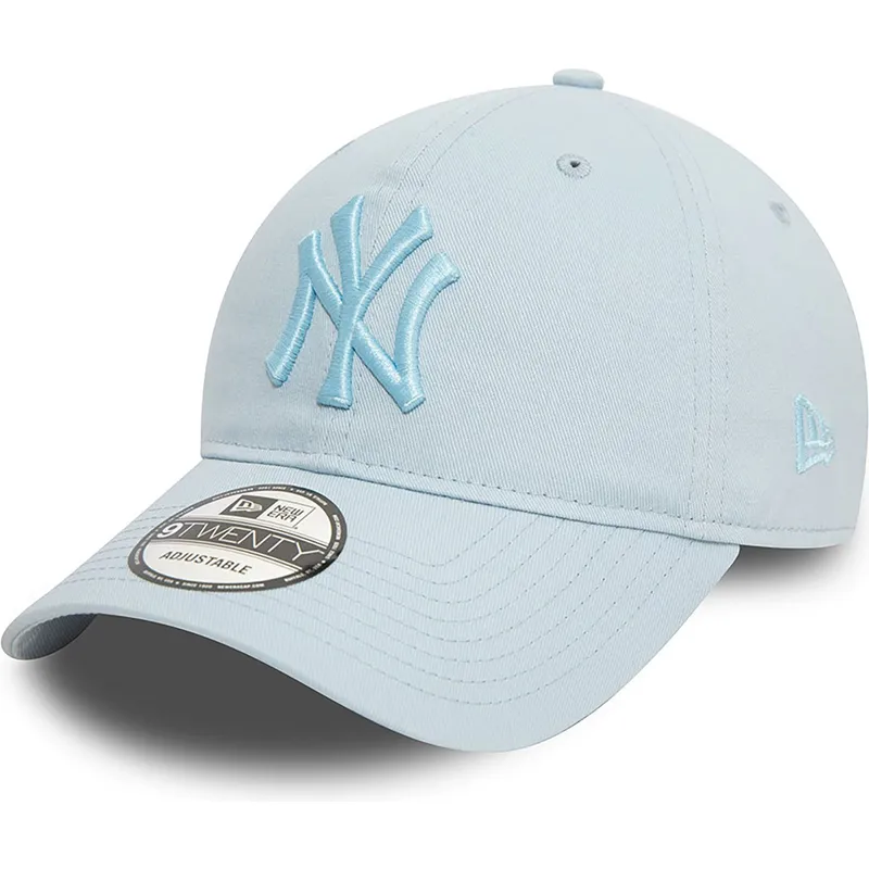 hellblaue-verstellbare-curved-cap-mit-blauem-logo-9twenty-league-essential-der-new-york-yankees-mlb-von-new-era