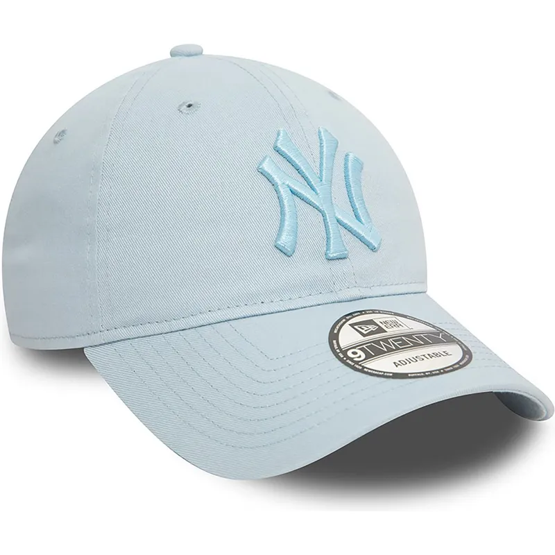 hellblaue-verstellbare-curved-cap-mit-blauem-logo-9twenty-league-essential-der-new-york-yankees-mlb-von-new-era