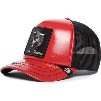 goorin-bros-raging-pamplona-puff-patent-the-farm-rote-und-schwarze-trucker-kappe-mit-stiermotiv