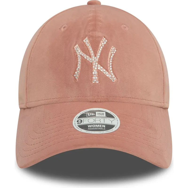gebogene-rosa-verstellbare-damenkappe-9forty-velour-diamante-der-new-york-yankees-mlb-von-new-era