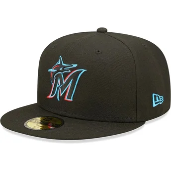 Gorra plana negra ajustada 59FIFTY AC Perf de Miami Marlins MLB de New Era