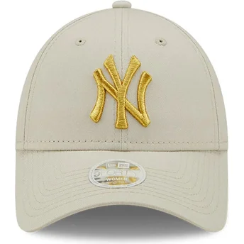 New Era Curved Brim Women Golden Logo 9FORTY Metallic Logo New York Yankees MLB Beige Adjustable Cap