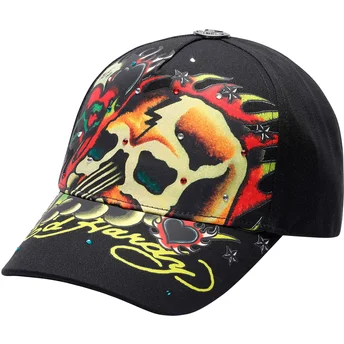 Justerbar svart böjd keps Skull Chopper från Ed Hardy