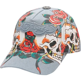 Casquette courbée bleue ajustable Skull Rose Denim Ed Hardy