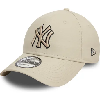 New Era Curved Brim Black Logo 9FORTY Team Outline New York Yankees MLB Beige Adjustable Cap