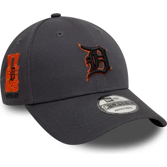 New Era Curved Brim Orange Logo 9FORTY Side Patch Detroit Tigers MLB Grey Adjustable Cap