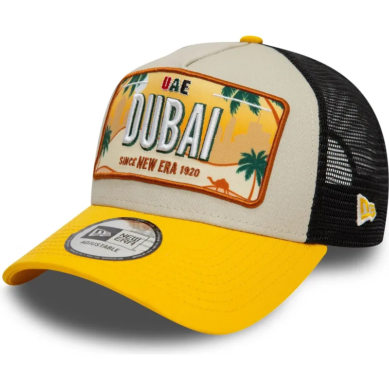 beige-und-gelbe-trucker-kappe-9forty-a-frame-license-plate-dubai-stadte-und-strande-von-new-era