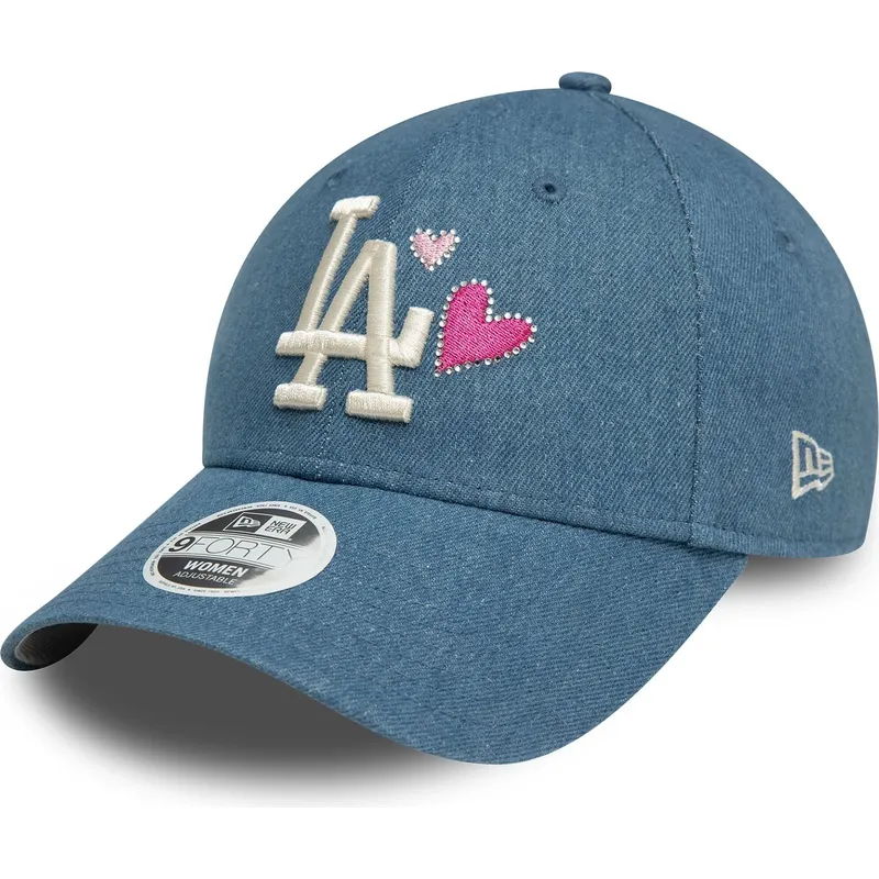 blaue-verstellbare-curved-cap-fur-damen-9forty-denim-icon-heart-der-los-angeles-dodgers-mlb-von-new-era