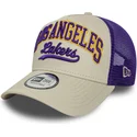 casquette-trucker-beige-et-violette-e-frame-script-los-angeles-lakers-nba-new-era