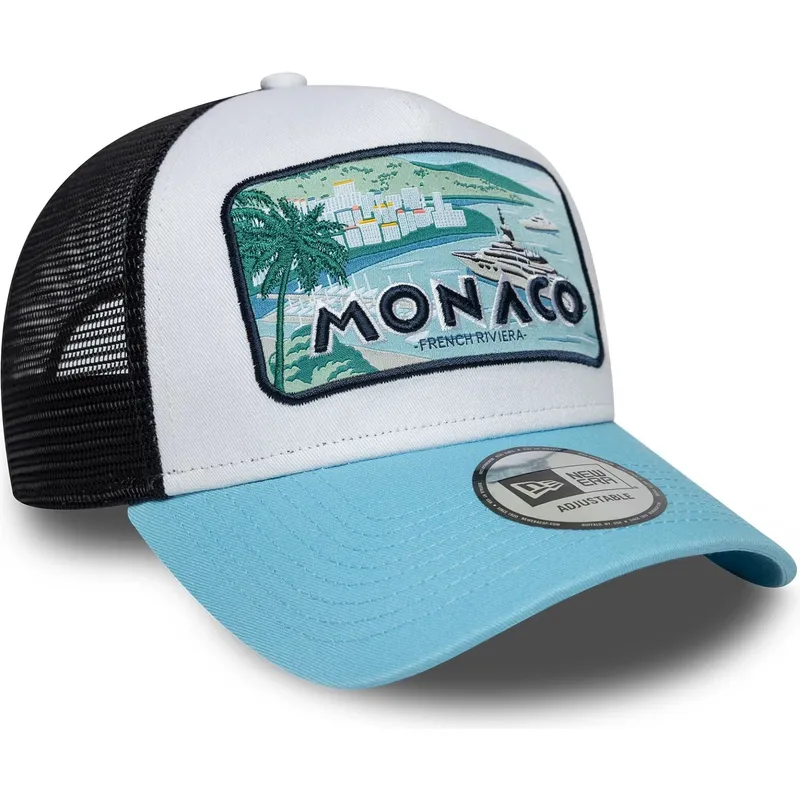 weisse-schwarze-und-blaue-trucker-cap-monaco-french-riviera-a-frame-summer-von-new-era