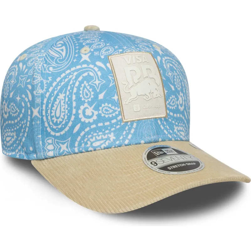 blaue-und-beige-gebogene-kappe-snapback-9seventy-stretch-snap-lifestyle-von-racing-bulls-f1-team-formula-1-von-new-era