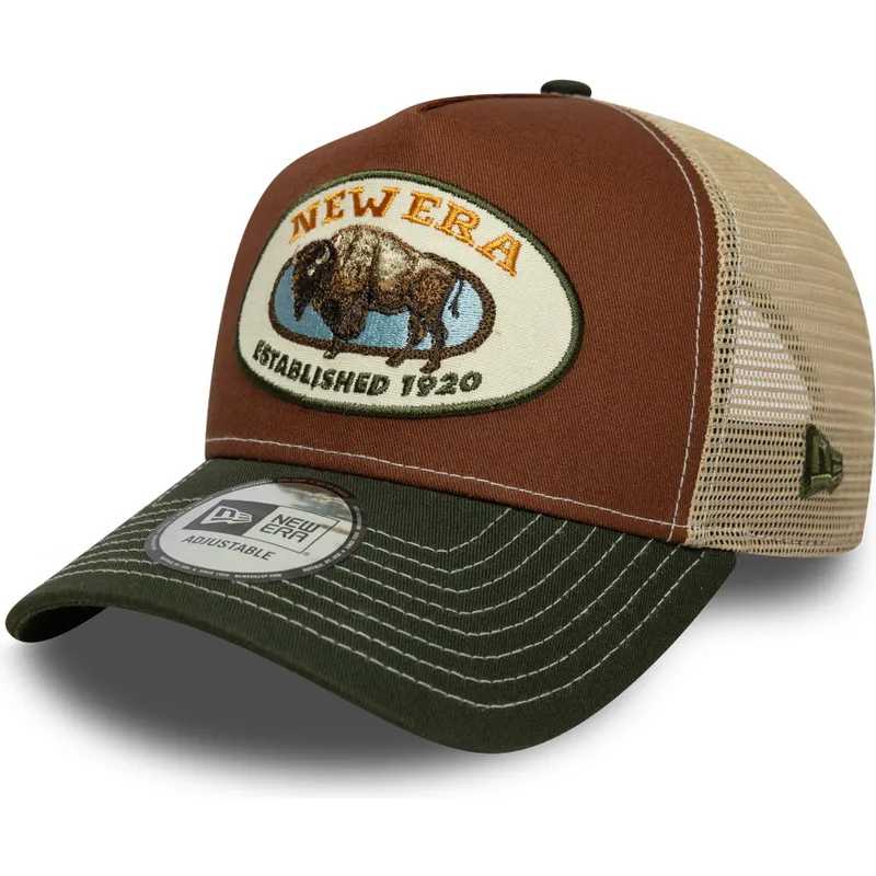 trucker-cap-braun-und-grun-a-frame-animal-patch-buffel-von-new-era