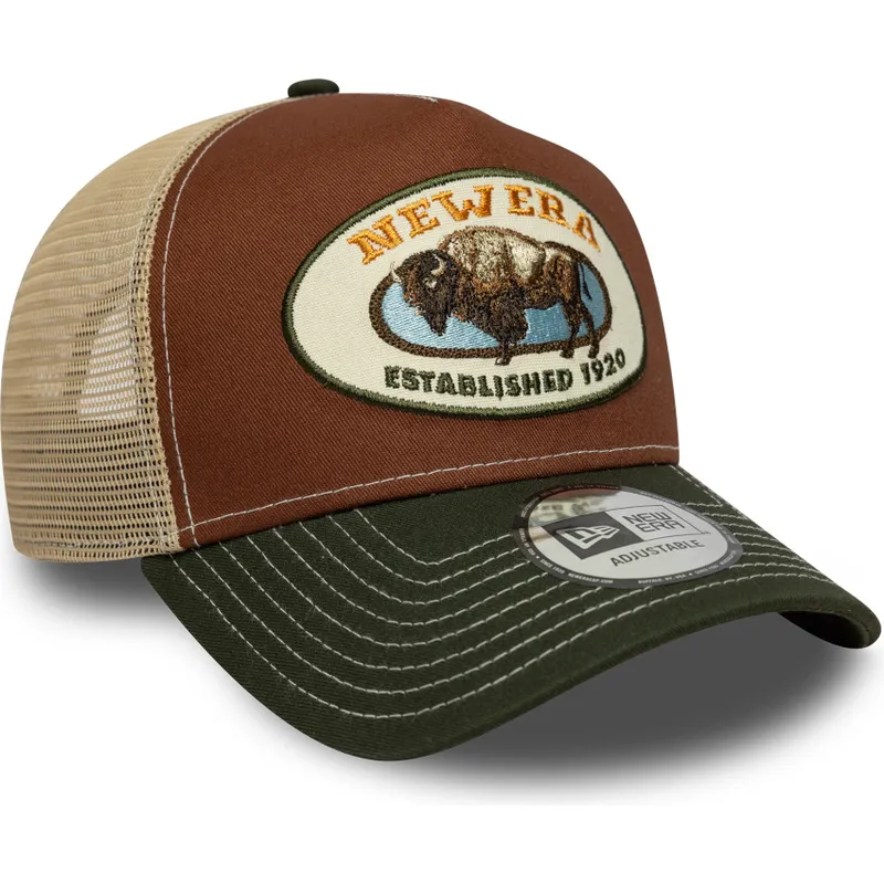 trucker-cap-braun-und-grun-a-frame-animal-patch-buffel-von-new-era