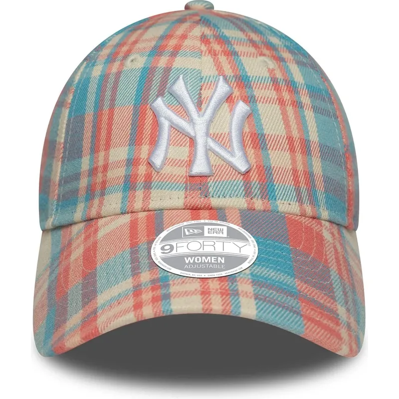 rosa-und-blau-verstellbare-curved-cap-fur-damen-9forty-check-der-new-york-yankees-mlb-von-new-era