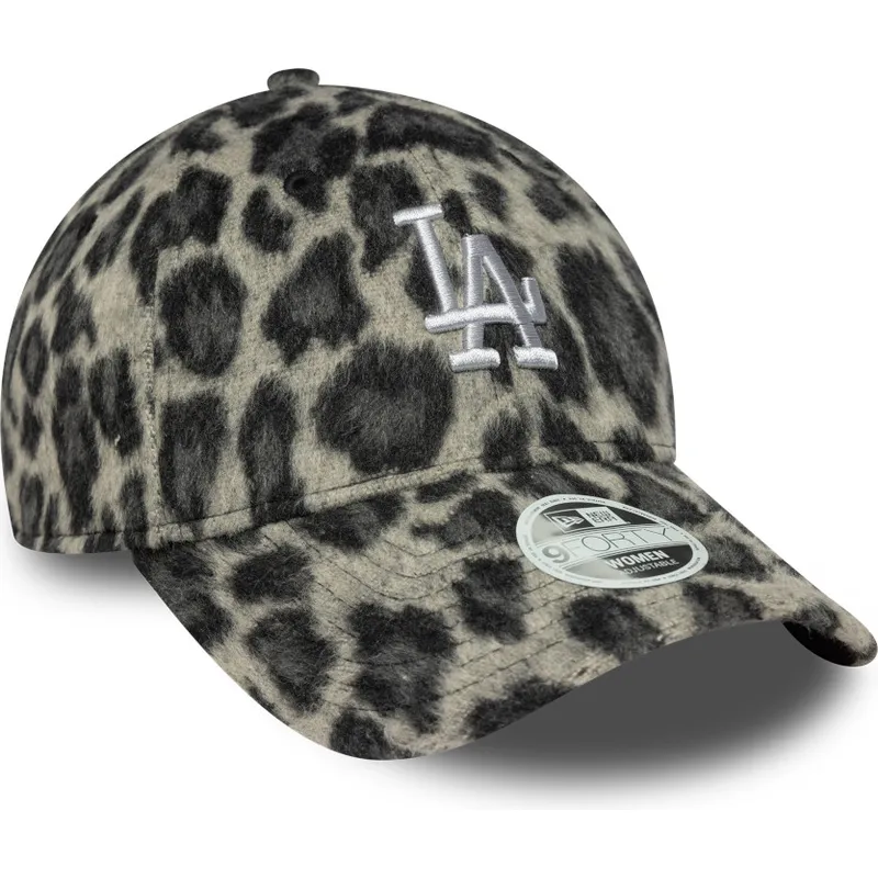 schwarze-verstellbare-curved-cap-fur-damen-9forty-cosy-animal-der-los-angeles-dodgers-mlb-von-new-era