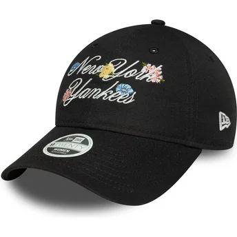 Cappellino nero curvo regolabile da donna 9FORTY Floral Script dei New York Yankees MLB di New Era