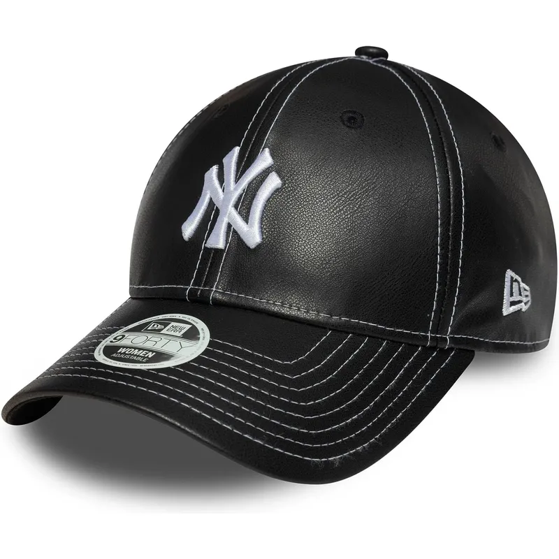schwarze-gebogene-verstellbare-damenkappe-9forty-topstitch-pu-der-new-york-yankees-mlb-von-new-era