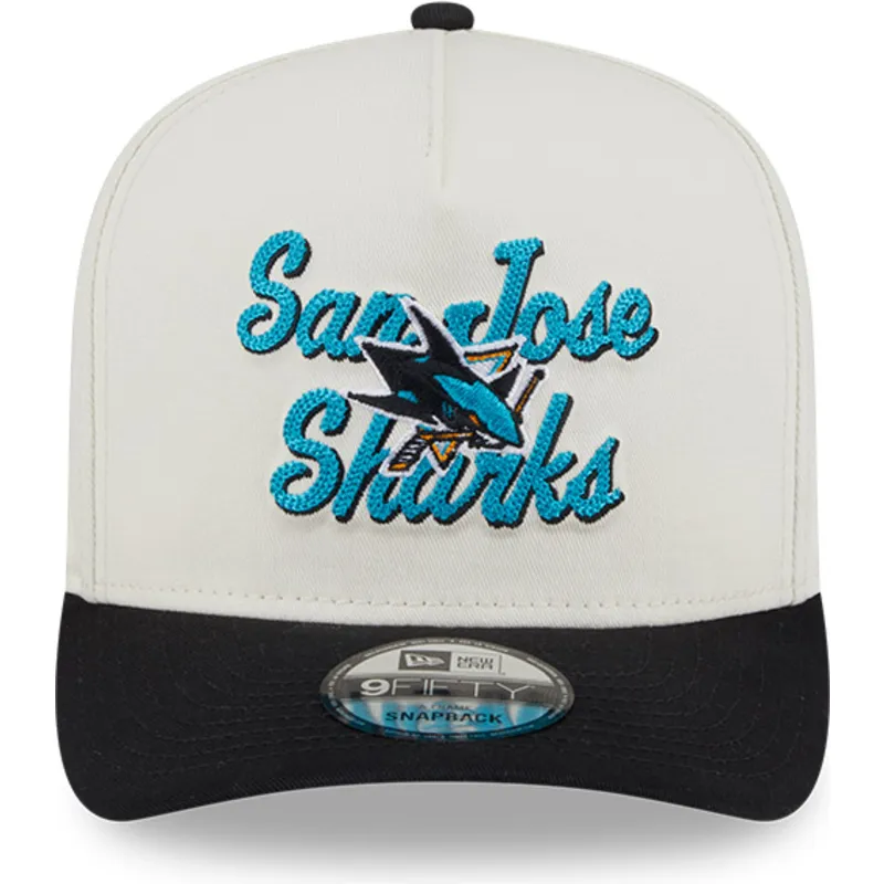 beige-und-schwarze-gebogene-snapback-kappe-9fifty-a-frame-chainstitch-der-san-jose-sharks-nhl-von-new-era