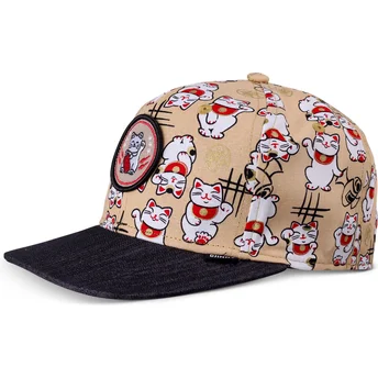Casquette plate beige et noire snapback pour enfant Lucky Cat Linen Djinns
