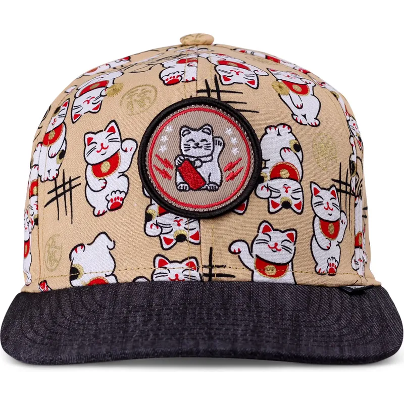 beige-und-schwarze-flache-snapback-kappe-fur-jungen-lucky-cat-linen-von-djinns