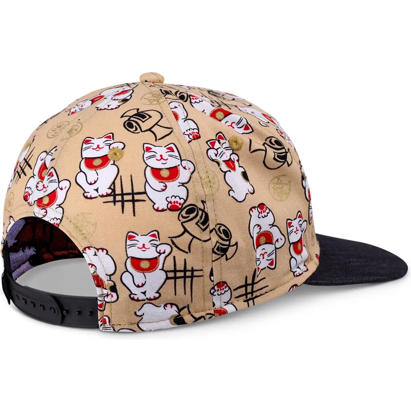beige-und-schwarze-flache-snapback-kappe-fur-jungen-lucky-cat-linen-von-djinns