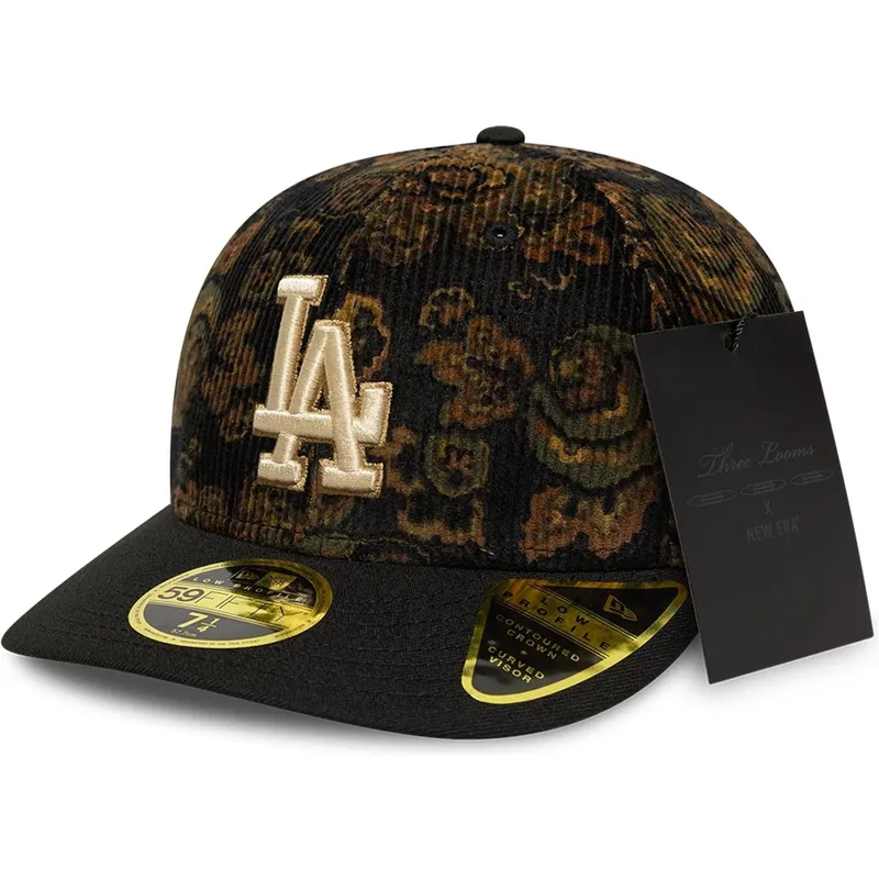 schwarze-gebogene-angepasste-kappe-59fifty-low-profile-floral-cord-three-looms-printed-corduroy-der-los-angeles-dodgers-mlb-von-