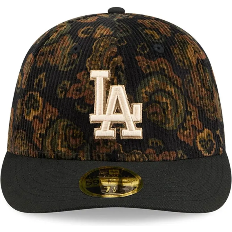 cappello-curvo-nero-aderente-59fifty-low-profile-floral-cord-three-looms-printed-corduroy-dei-los-angeles-dodgers-mlb-di-new-era