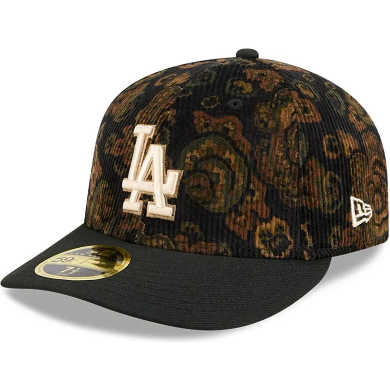 cappello-curvo-nero-aderente-59fifty-low-profile-floral-cord-three-looms-printed-corduroy-dei-los-angeles-dodgers-mlb-di-new-era