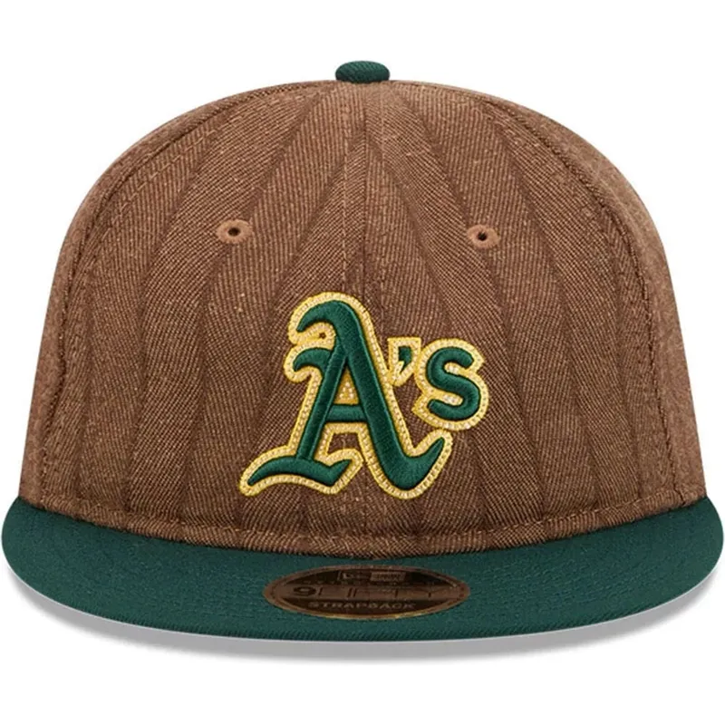 cappello-piatto-marrone-e-verde-regolabile-9fifty-retro-crown-wool-pinstripe-di-oakland-athletics-mlb-di-new-era