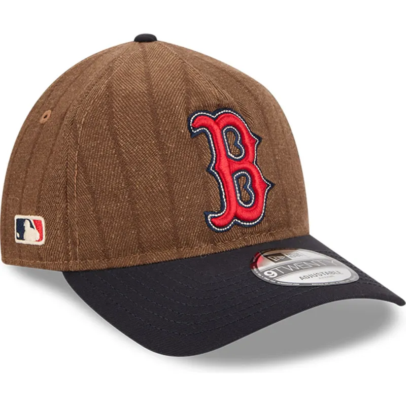 braune-und-marineblaue-verstellbare-curved-cap-9twenty-a-frame-wool-pinstripe-der-boston-red-sox-mlb-von-new-era