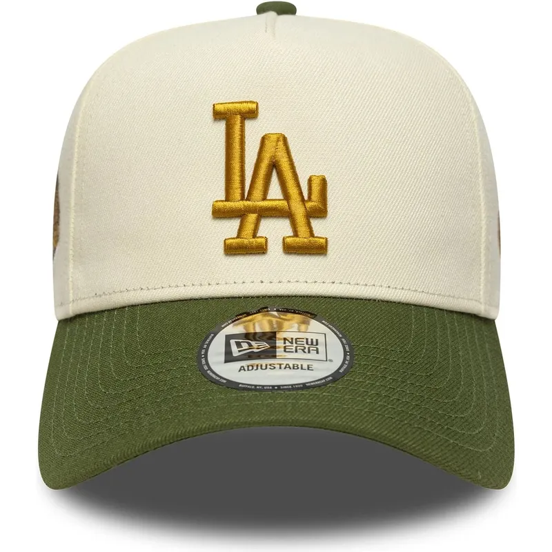 cappellino-curvo-beige-e-verde-snapback-9forty-e-frame-world-series-patch-di-los-angeles-dodgers-mlb-di-new-era